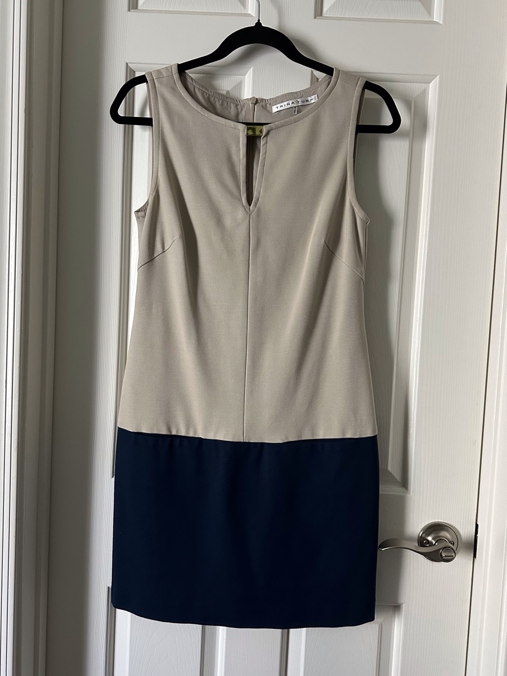 Trina Turk Two-Tone Cream and Navy Sleeveless Sheath Dress